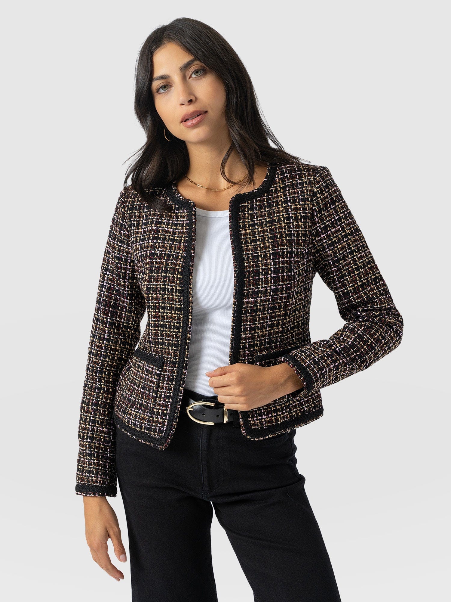 Rayner Jacket - Black/Burgundy/Gold Boucle - Women's Jackets | Saint + Sofia® USA